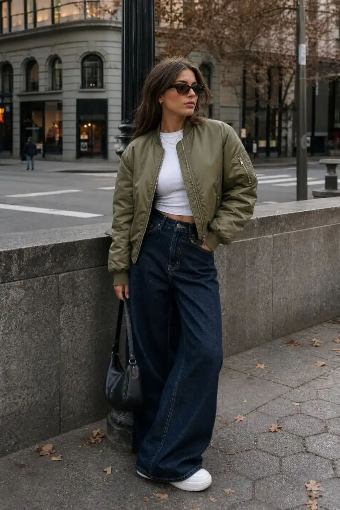 Fall Outfits with Sneakers and Jeans 2026 Olive Bomber With Dark Denim Drama