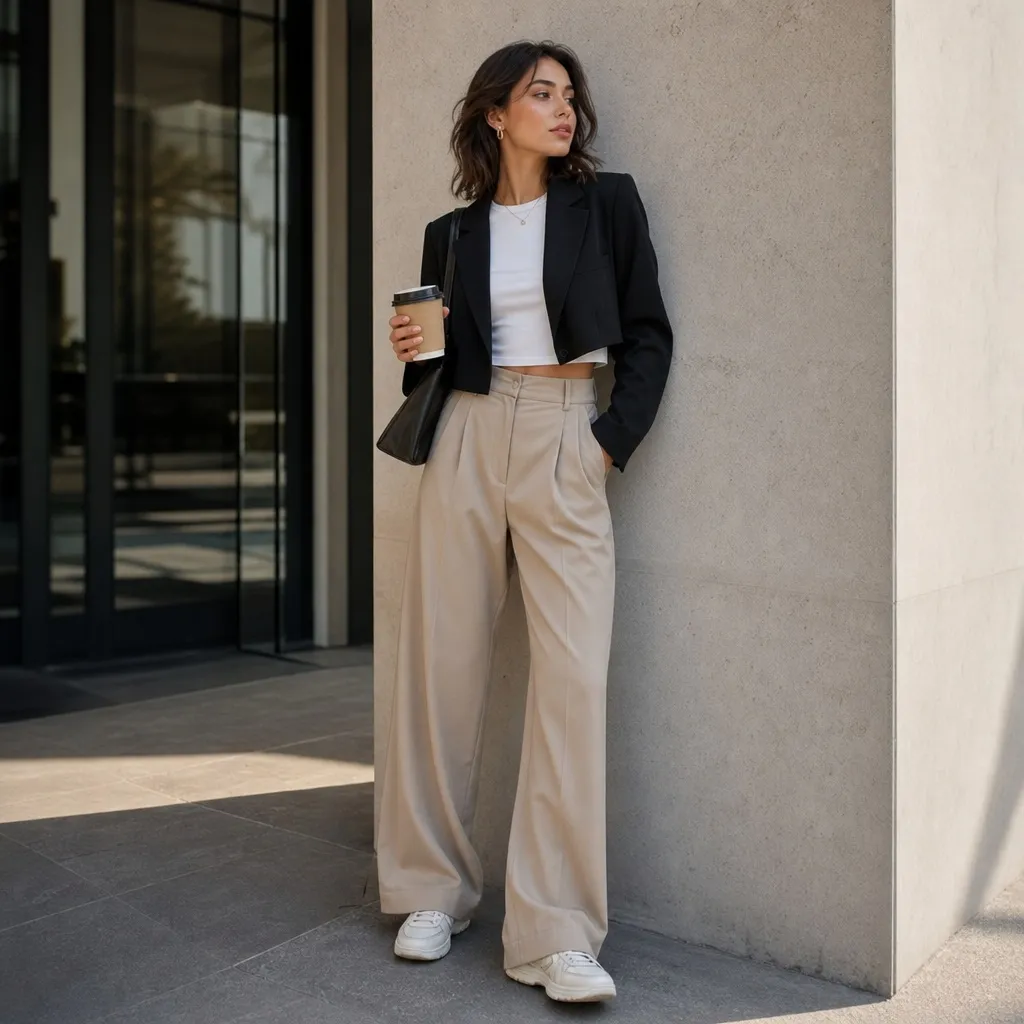 Fall Work Outfits 2026 ideas Cropped Black Blazer With Beige Wide-Leg Trousers for Modern Tailoring