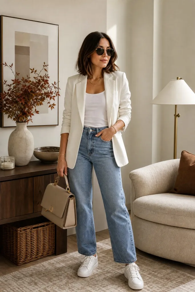 Fall Outfits with Sneakers and Jeans 2026 White Blazer With Polished Weekday Ease