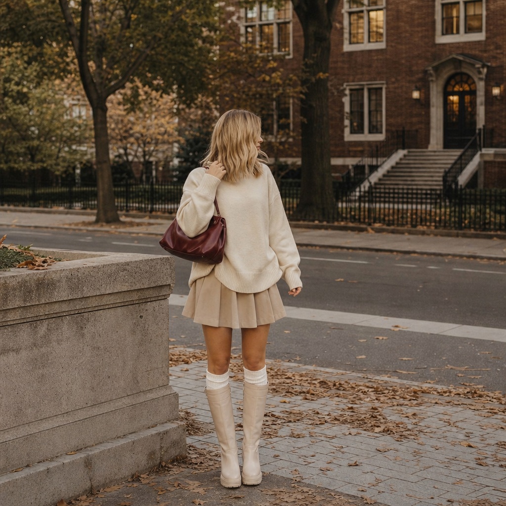 Back-to-School Outfits 2026 Cream Oversized Sweater and Tan Pleated Skirt With Autumn Warmth