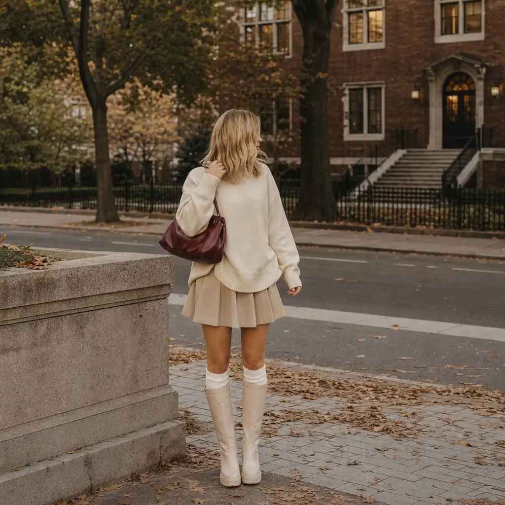 Back-to-School Outfits 2026 Cream Oversized Sweater and Tan Pleated Skirt With Autumn Warmth