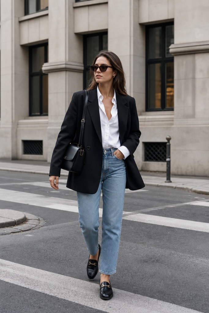 Casual Fall Work Outfits 2026 Black Blazer With White Shirt and Light Jeans and Loafers for Ultimate Smart Casual