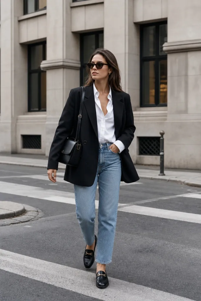 Casual Fall Work Outfits 2026 Black Blazer With White Shirt and Light Jeans and Loafers for Ultimate Smart Casual