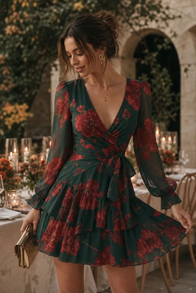 Fall Wedding Guest Dresses 2026 Dark Green and Red Floral Wrap Mini Dress With Tiered Ruffle Skirt