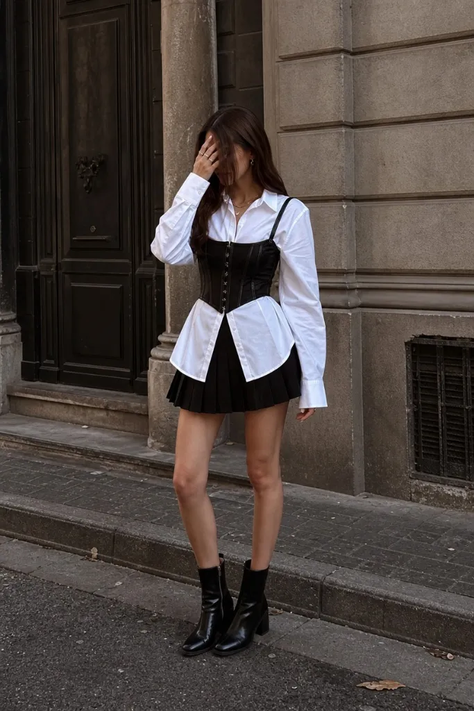 Back-to-School Outfits 2026 White Shirt and Corset With Pleated Skirt and Ankle Boots