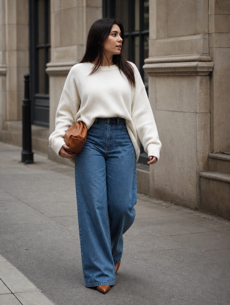 Fall Outfit Ideas for Big Busted Women 2026 Cream Oversized Sweater With Wide-Leg Jeans