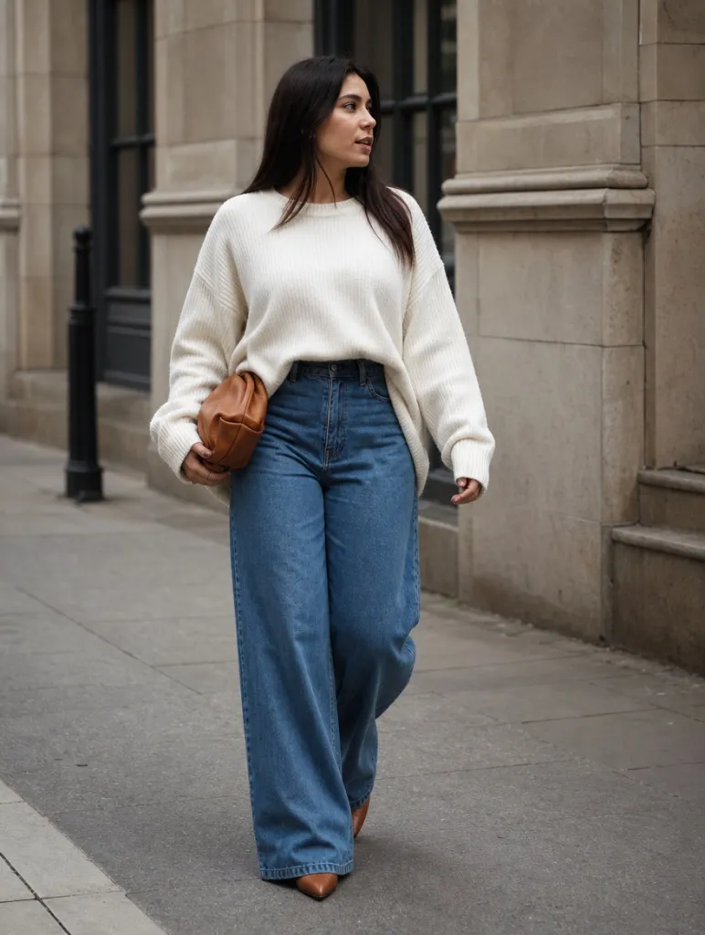 Fall Outfit Ideas for Big Busted Women 2026 Cream Oversized Sweater With Wide-Leg Jeans
