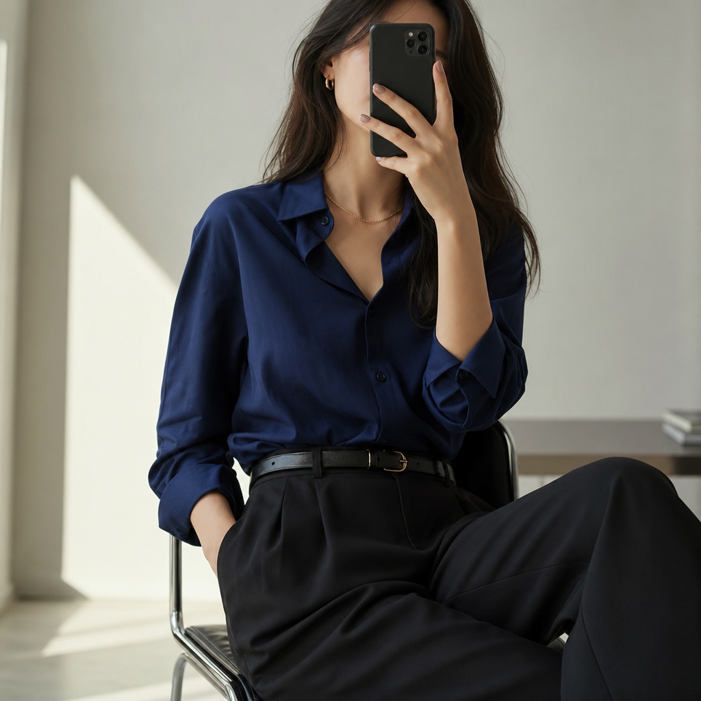Fall Outfits with Blues for Work 2026 Navy Blue Satin Shirt With Black Trousers and Minimal Authority