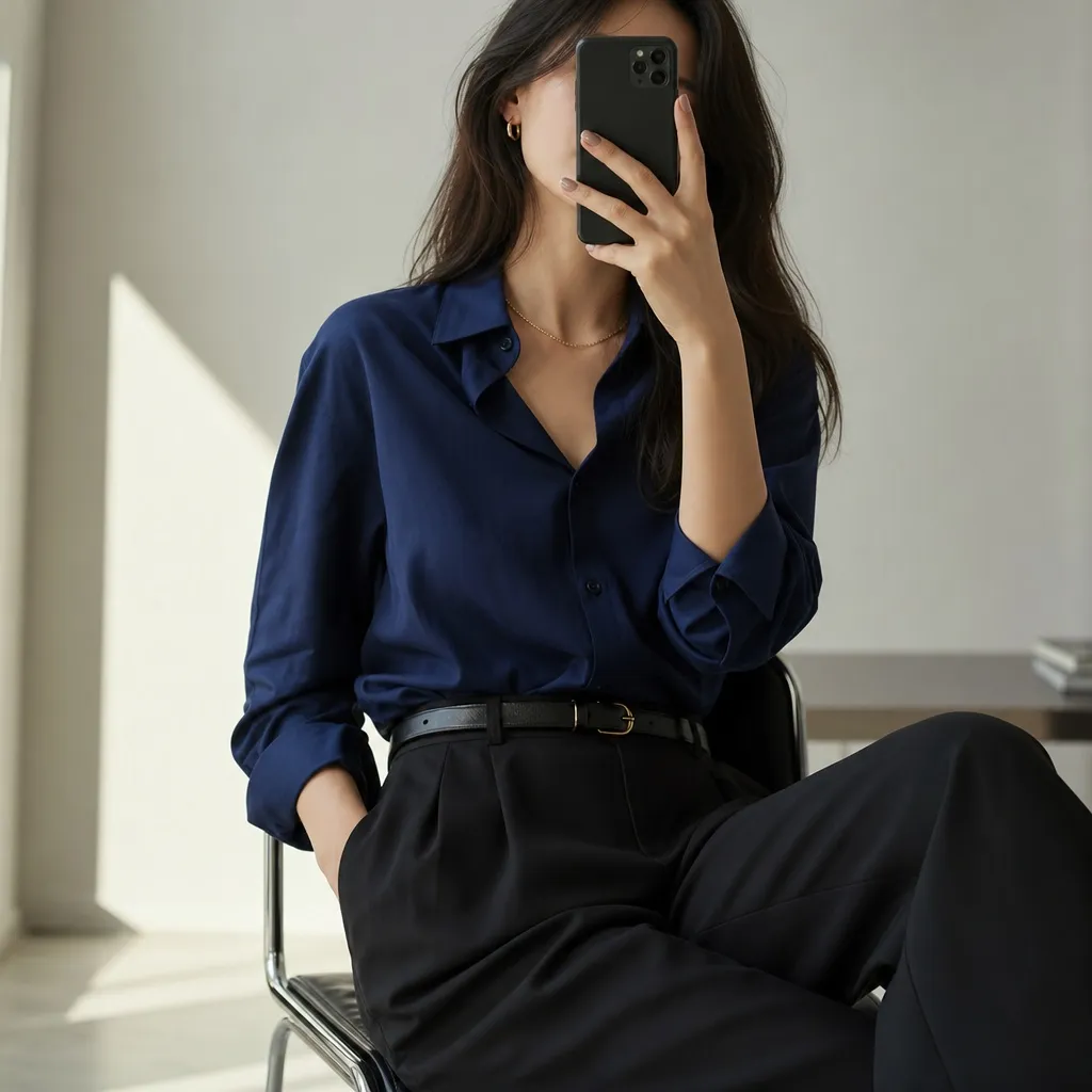 Fall Outfits with Blues for Work 2026 Navy Blue Satin Shirt With Black Trousers and Minimal Authority
