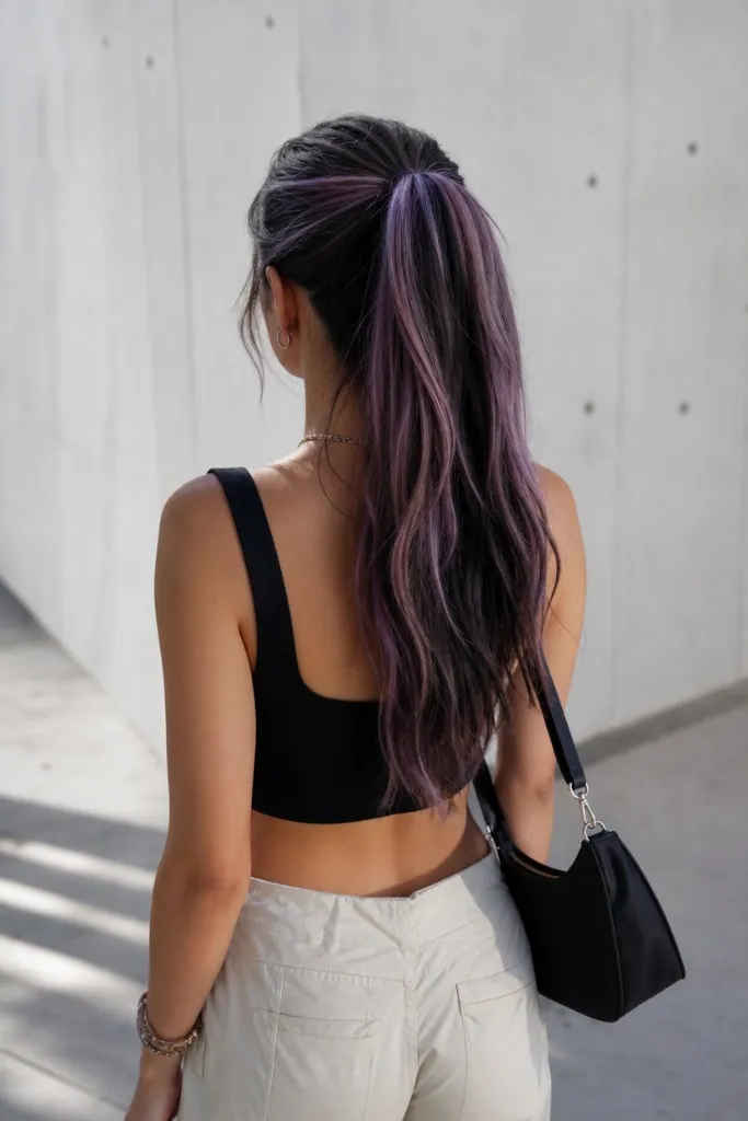 July Hair Color Ideas 2026 Lavender-Streaked Ponytail With Cool-Girl Edge