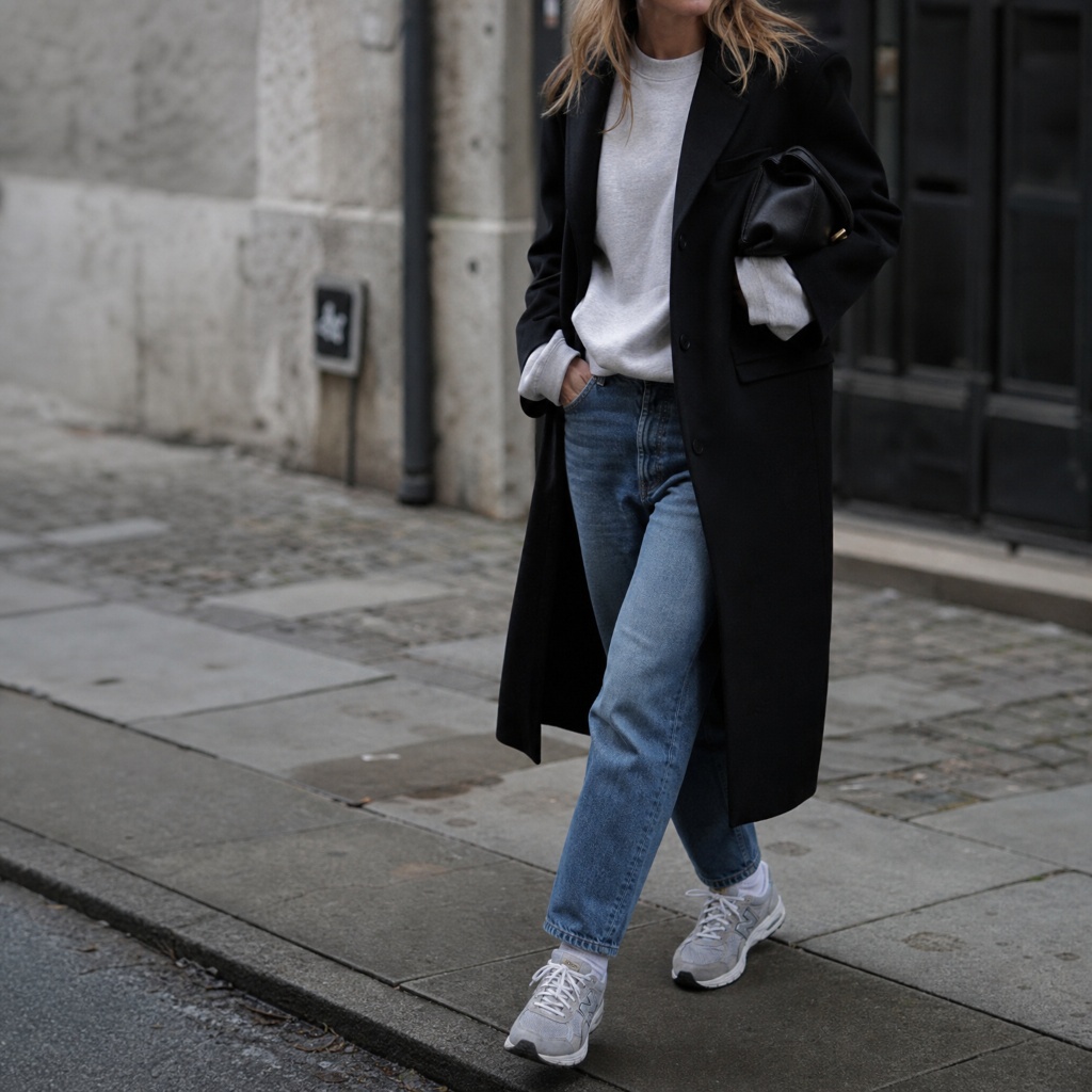 Fall Outfits with Sneakers and Jeans 2026 Long Black Coat With Cobblestone Cool