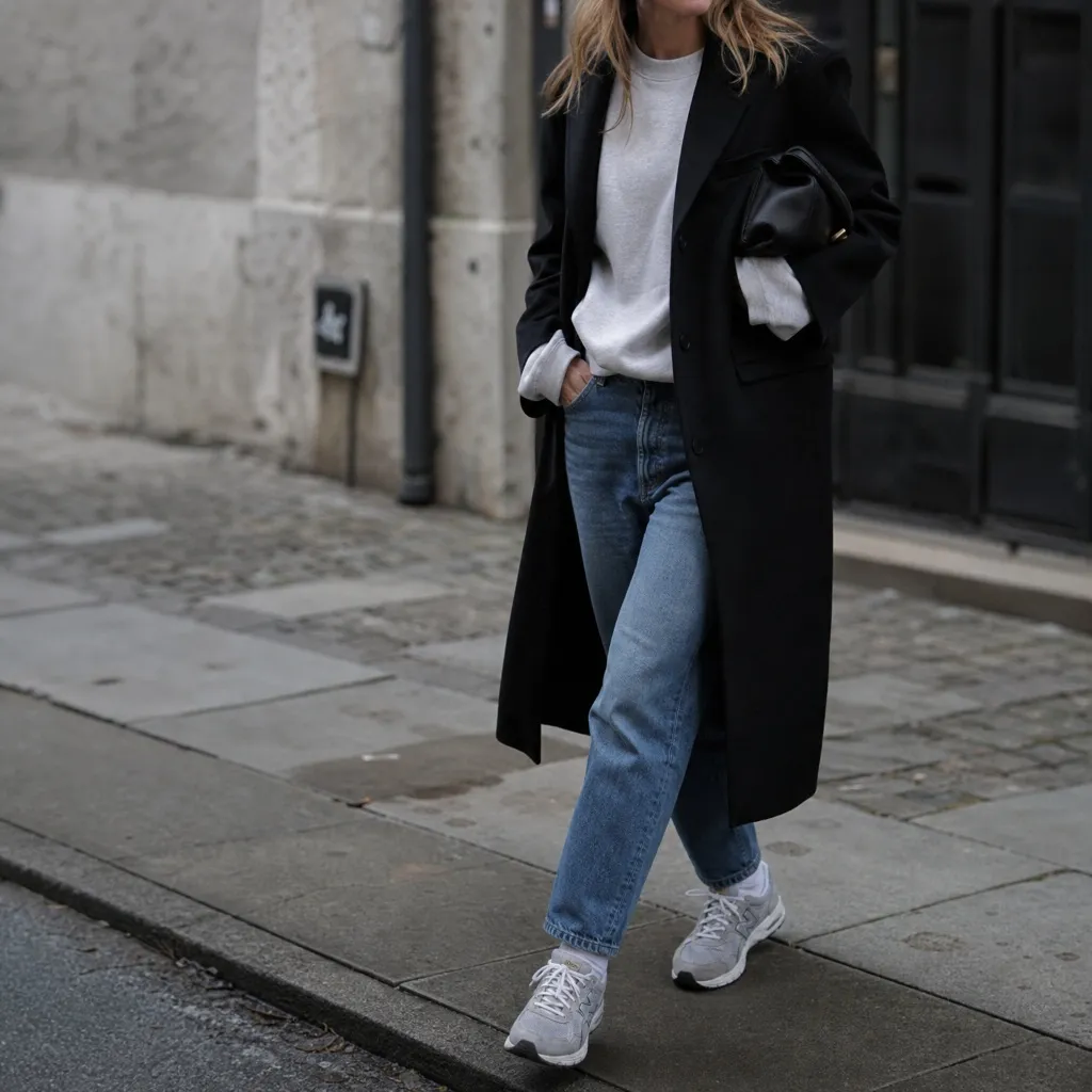 Fall Outfits with Sneakers and Jeans 2026 Long Black Coat With Cobblestone Cool
