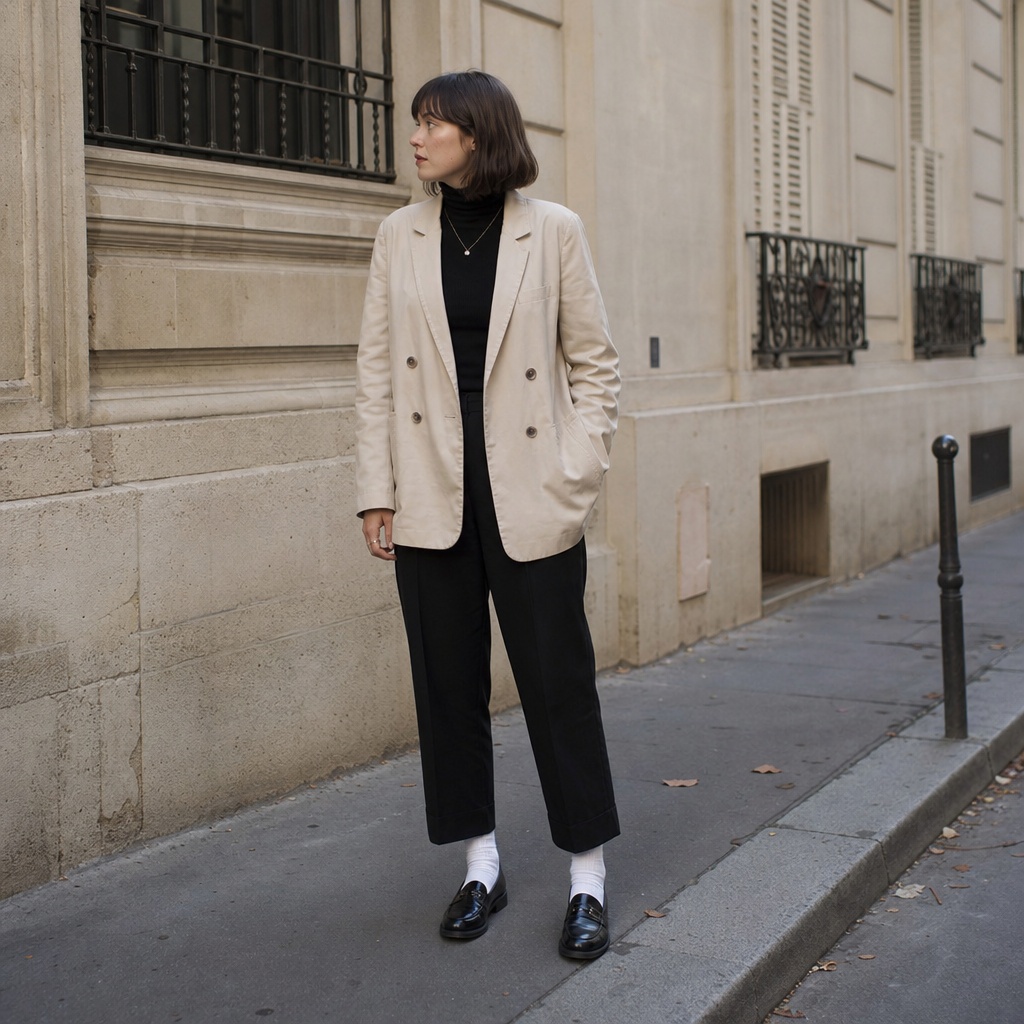Fall Work Outfits 2026 ideas Beige Double-Breasted Blazer With All-Black Base for Parisian Ease