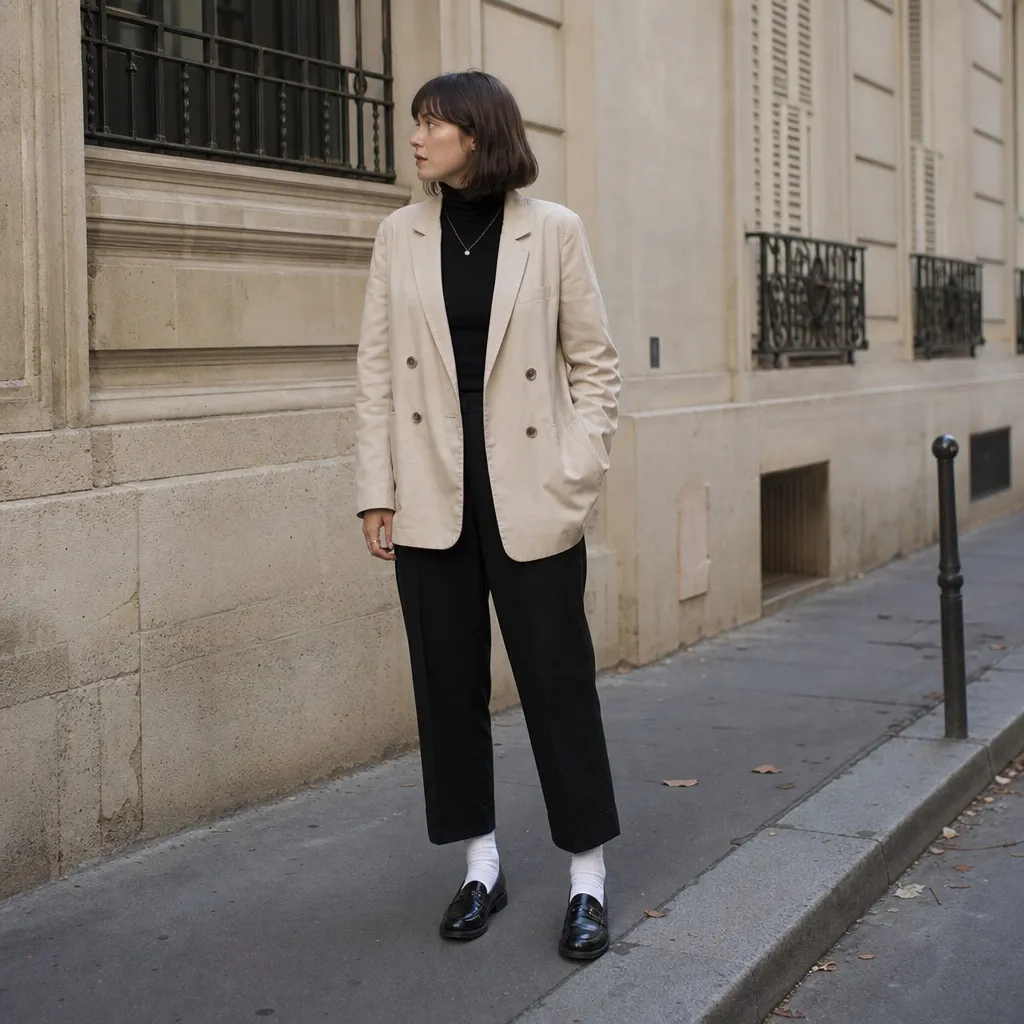 Fall Work Outfits 2026 ideas Beige Double-Breasted Blazer With All-Black Base for Parisian Ease