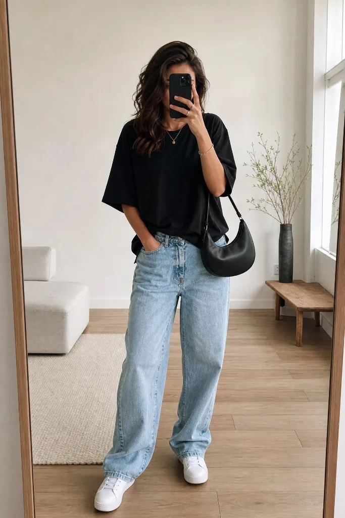 Fall Outfits with Sneakers and Jeans 2026 Black Oversized Tee With Mirror-Selfie Ease