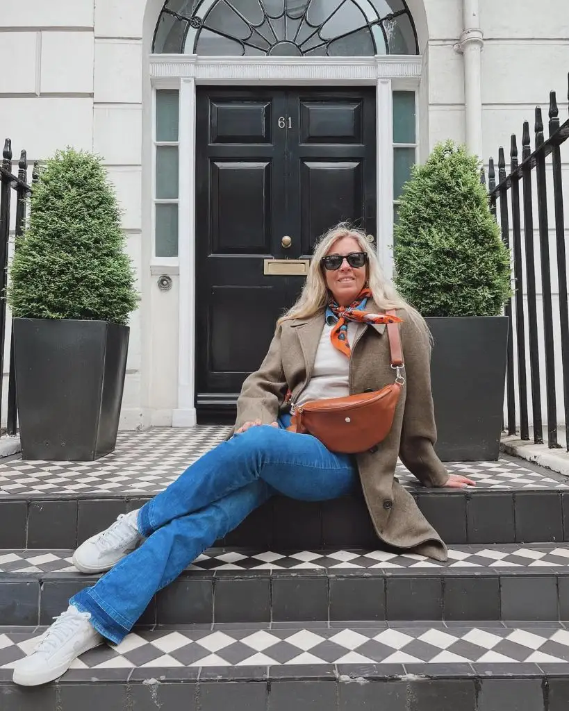 What to Wear This Fall 2026 Over 50 Tweed Coat and Colorful Scarf With Jeans and Sneakers