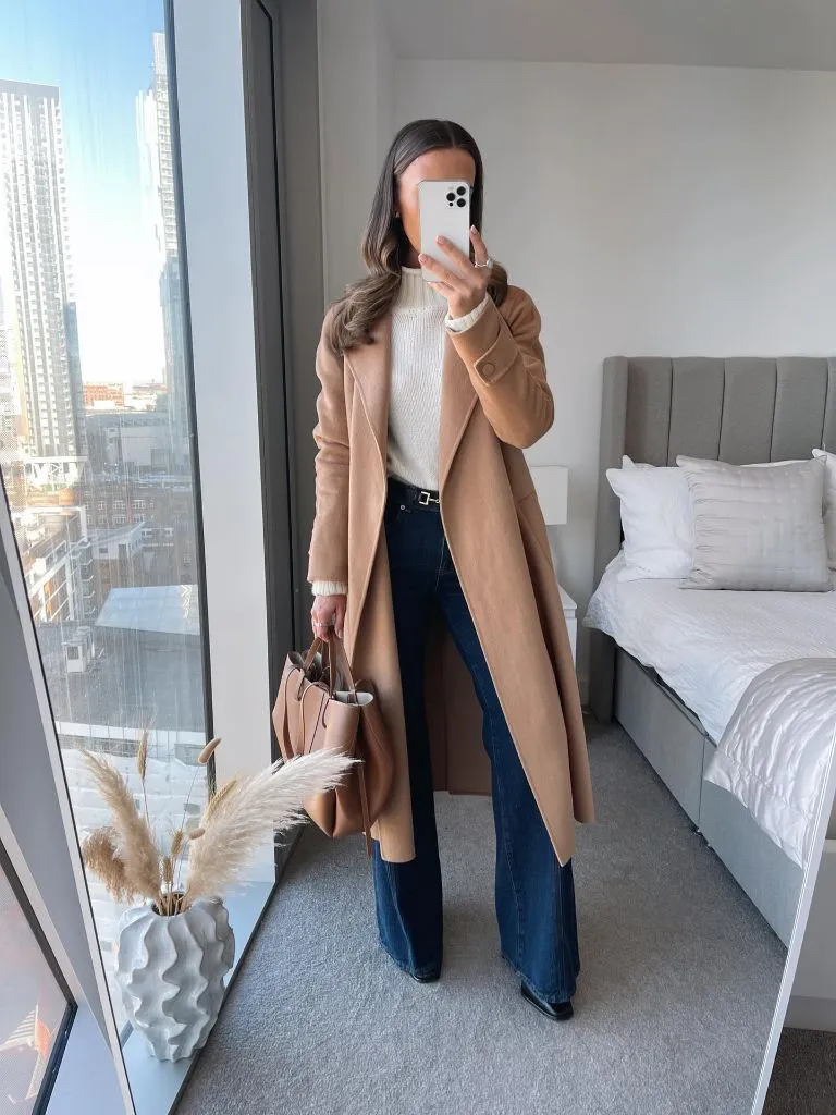 Fall Outfits With Coat 2026 Camel Wool Coat With Cream Knit and Dark Denim Flares