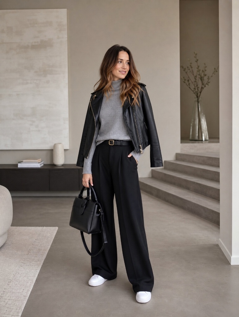 Fall Outfits with Pants 2026 Leather Moto Jacket With Gray Turtleneck and Black Wide-Leg Pants