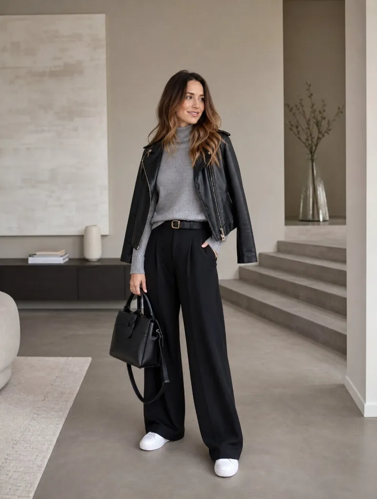 Fall Outfits with Pants 2026 Leather Moto Jacket With Gray Turtleneck and Black Wide-Leg Pants