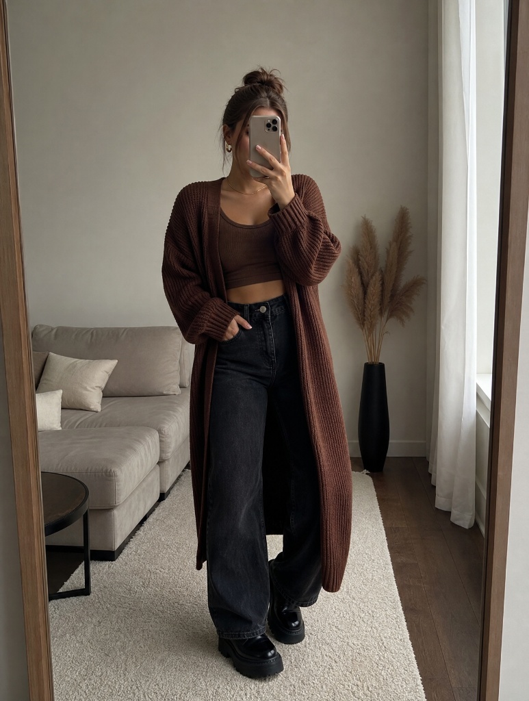 Fall Pants Outfits for Women 2026 Rust Long Cardigan With Brown Crop Top and Wide-Leg Dark Jeans