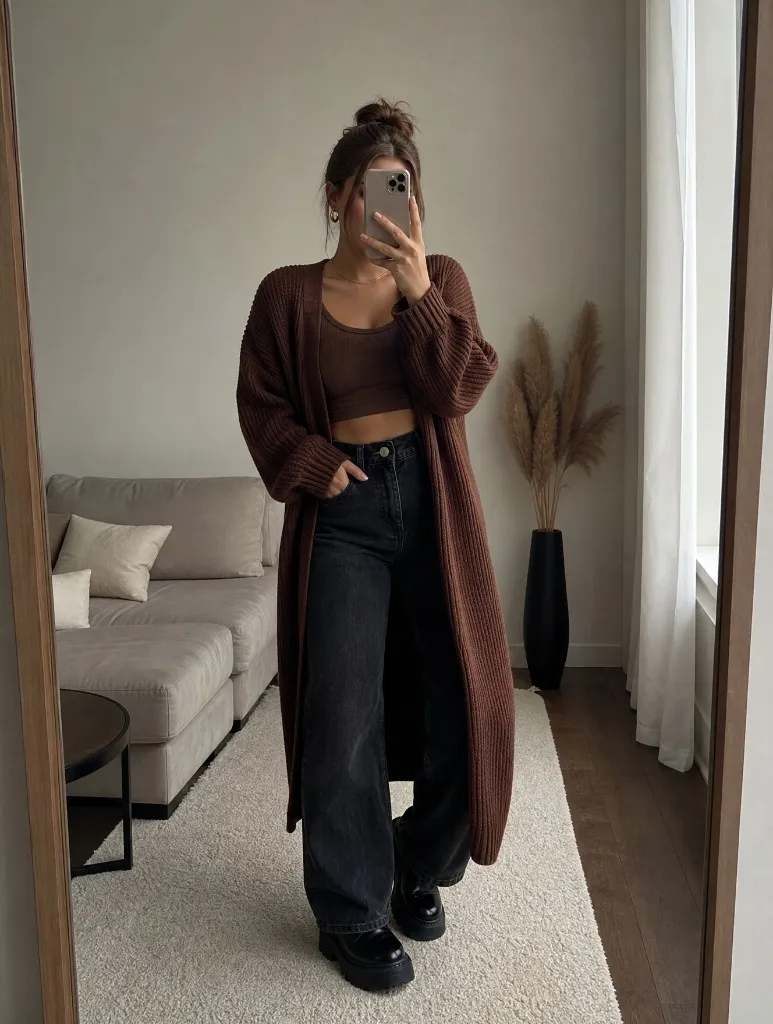 Fall Pants Outfits for Women 2026 Rust Long Cardigan With Brown Crop Top and Wide-Leg Dark Jeans