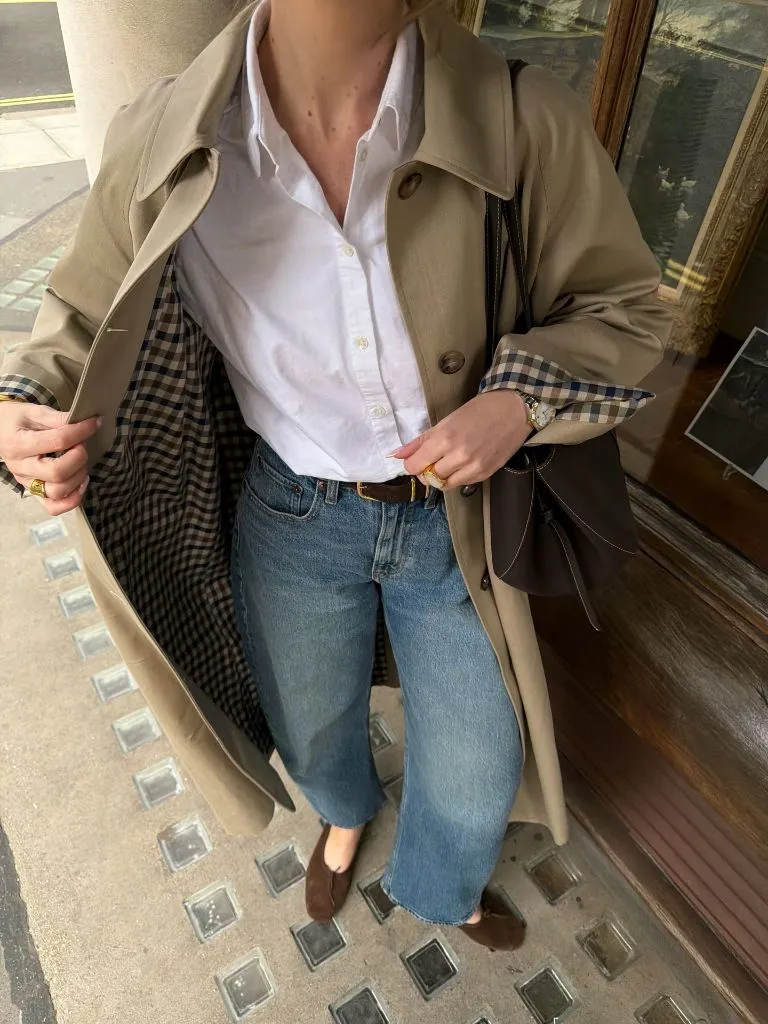 Fall Outfits With Coat 2026 Khaki Trench With a White Oxford and Vintage Jeans