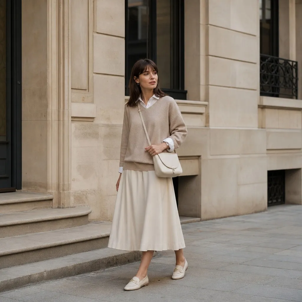 Fall Work Outfits 2026 ideas Beige V-Neck Sweater With Cream Midi Skirt for Soft Neutral Harmony