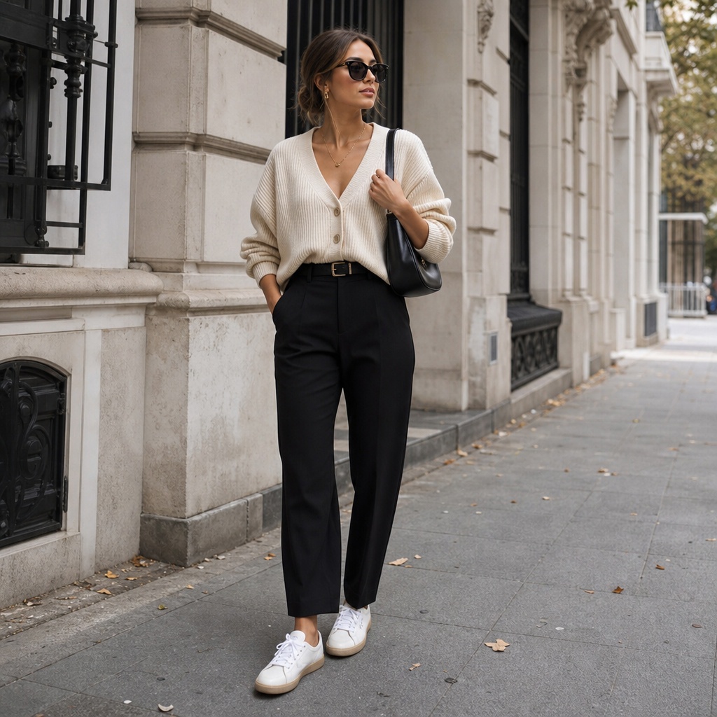 Casual Fall Work Outfits 2026 Cream Ribbed Cardigan With Black Tailored Trousers for Easy Knitwear Elegance