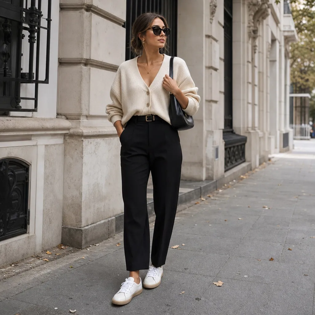 Casual Fall Work Outfits 2026 Cream Ribbed Cardigan With Black Tailored Trousers for Easy Knitwear Elegance