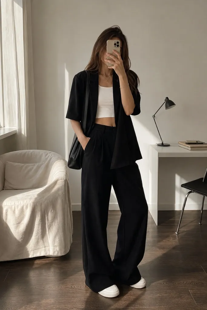 Back-to-School Outfits 2026 Black Short-Sleeve Suit Set With White Sneaker Ease