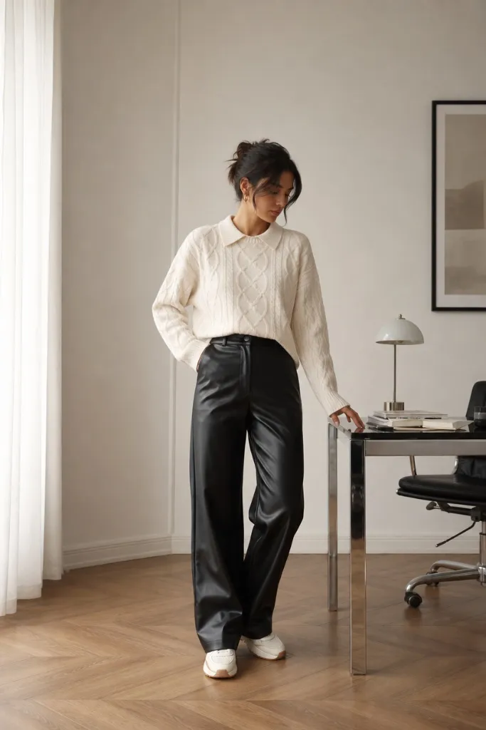 Fall Office Outfit Ideas for Women 2026 Cream Cable Knit With Black Faux Leather Wide-Legs