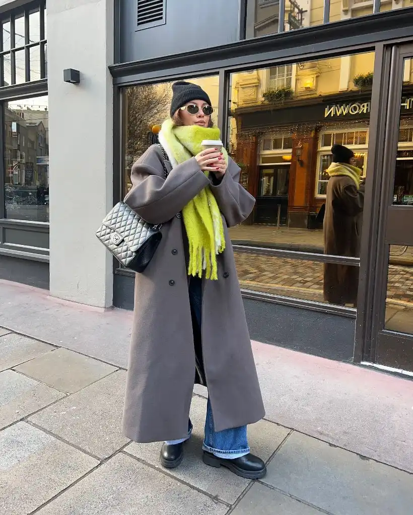Fall Outfits With Coat 2026 Oversized Taupe Coat With a Neon Scarf and Wide Denim