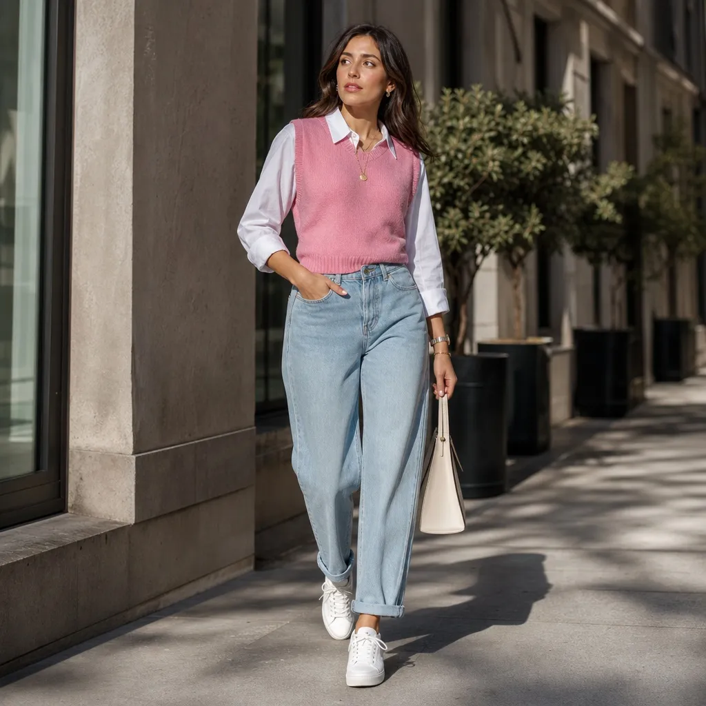 Fall Outfits with Blues for Work 2026 Pink Sweater Vest Over White Shirt With Playful Preppy Charm