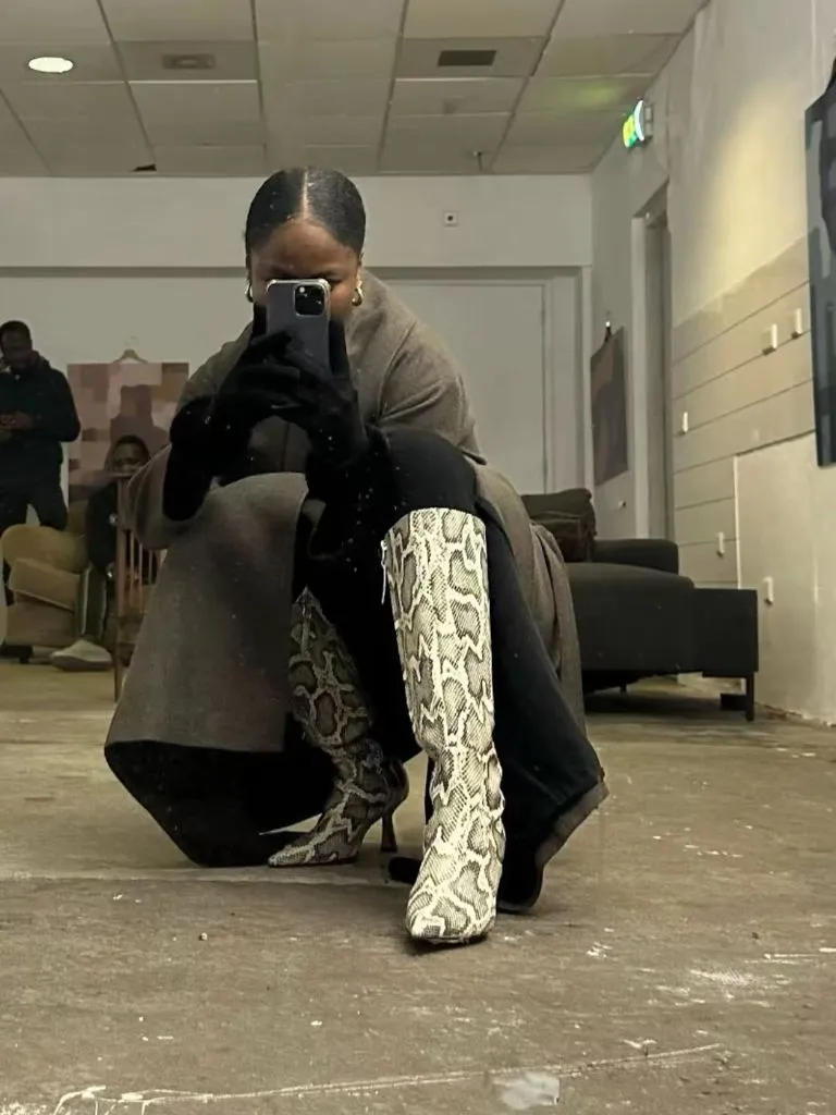 Fall Outfits for Black Women in 2026 Snakeskin Boots With Oversized Blazer for an Edge-Forward Look