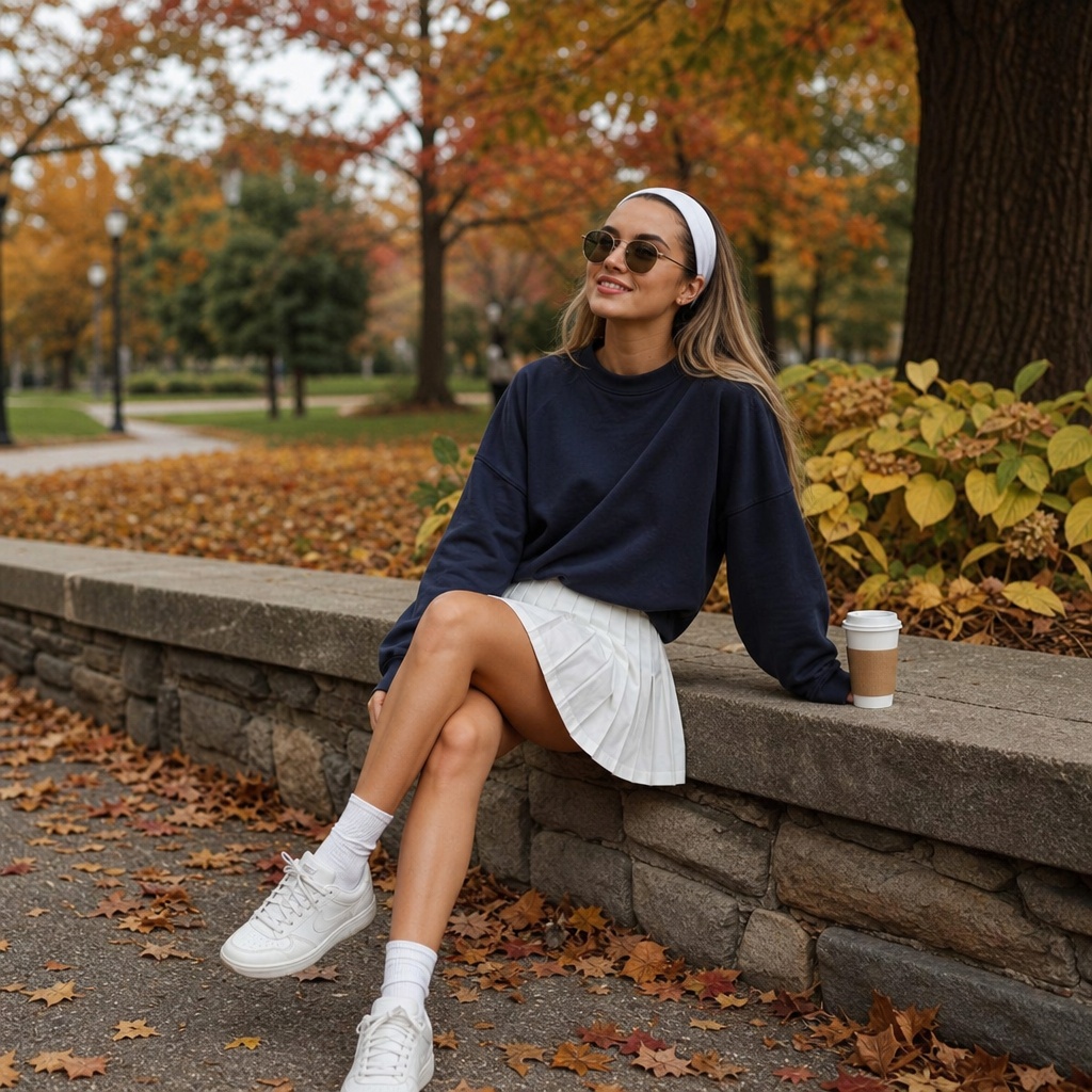 Back-to-School Outfits 2026 Navy Crewneck and White Pleated Skirt With Campus Spirit