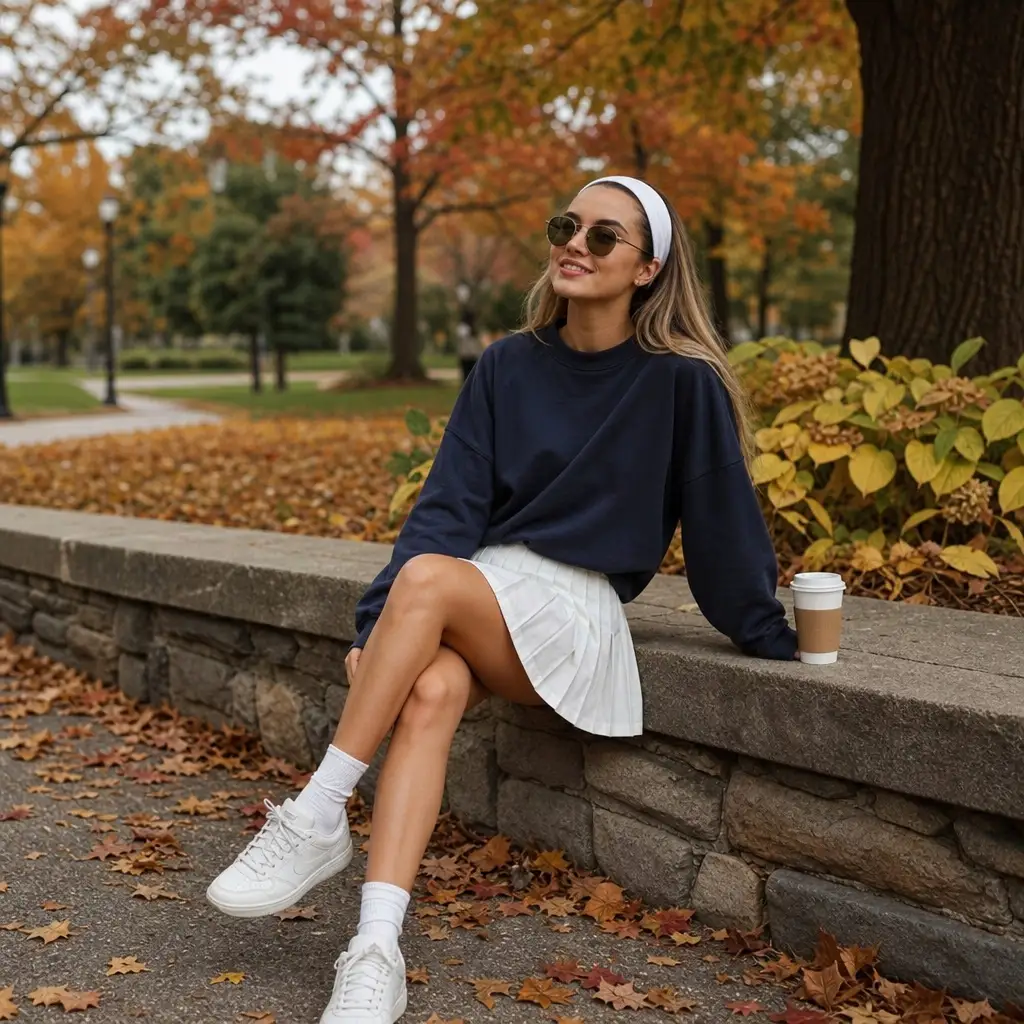 Back-to-School Outfits 2026 Navy Crewneck and White Pleated Skirt With Campus Spirit