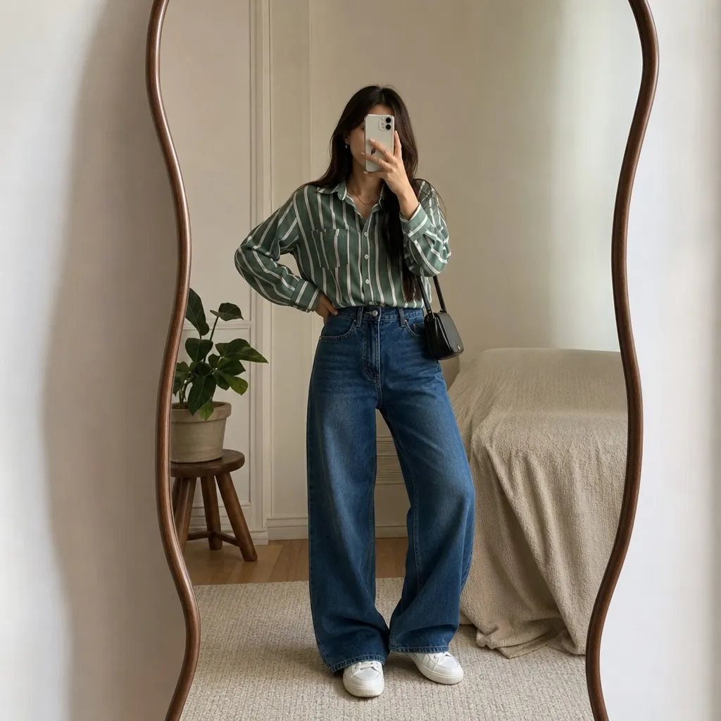 Back-to-School Outfits 2026 Green Striped Shirt and Wide-Leg Jeans With Streetwear Ease