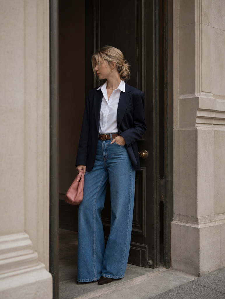 Fall Outfits with Blues for Work 2026 Navy Blazer Over White Shirt With Wide-Leg Denim and Parisian Poise