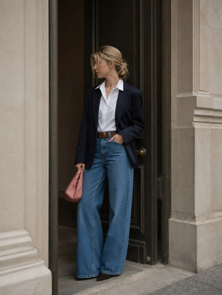 Fall Outfits with Blues for Work 2026 Navy Blazer Over White Shirt With Wide-Leg Denim and Parisian Poise