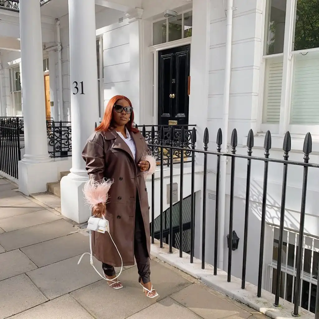 Fall Outfits for Black Women in 2026 Chocolate Leather Trench With Feather-Trim Bag for London Autumn
