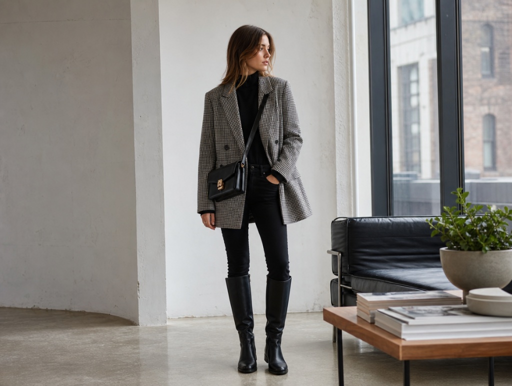 Fall Office Outfit Ideas for Women 2026 Houndstooth Blazer Over Black With Tall Boots