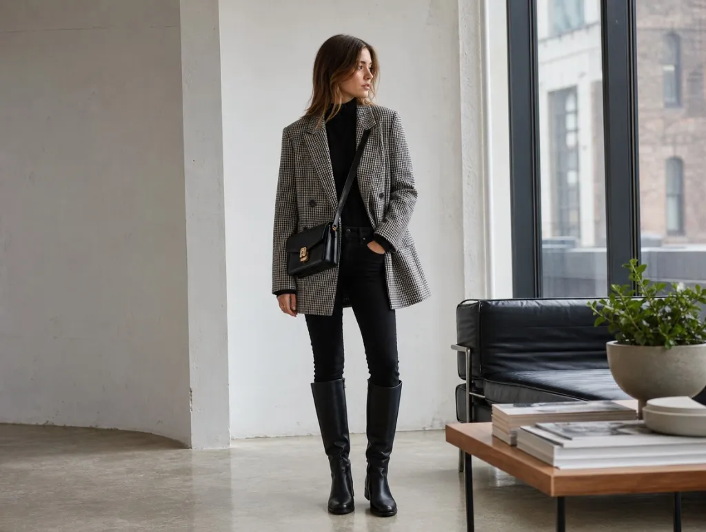 Fall Office Outfit Ideas for Women 2026 Houndstooth Blazer Over Black With Tall Boots