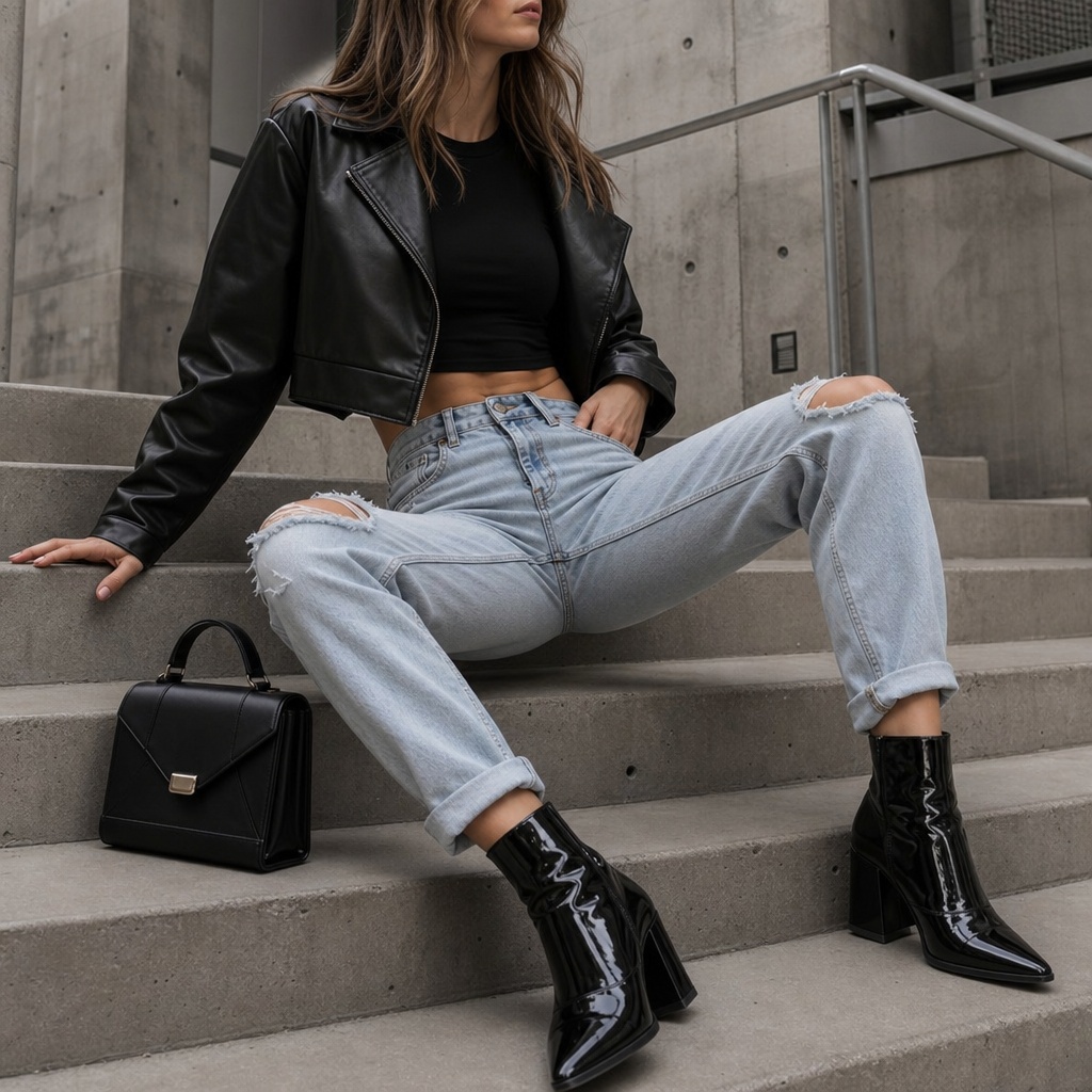 Fall Outfits with Jeans 2026 Black Leather Jacket With Distressed Jeans and Patent Boots