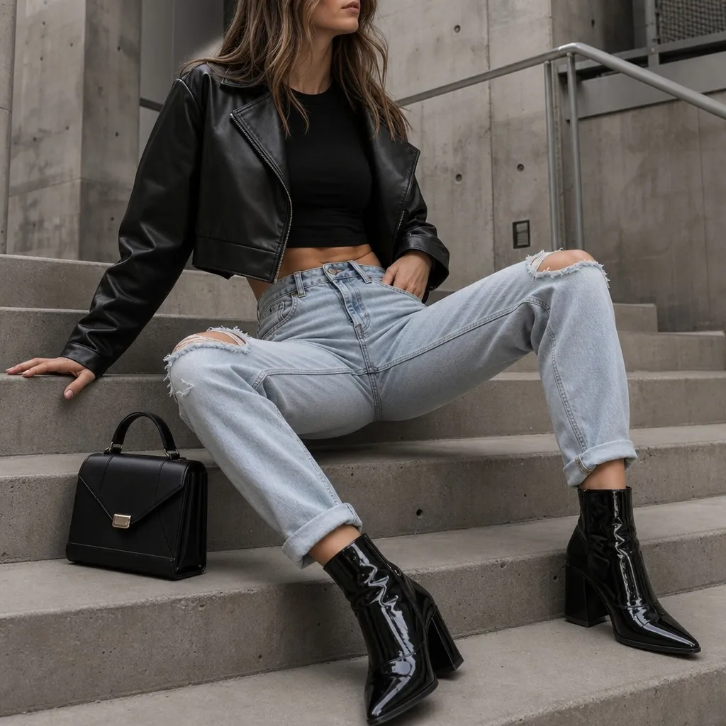 Fall Outfits with Jeans 2026 Black Leather Jacket With Distressed Jeans and Patent Boots