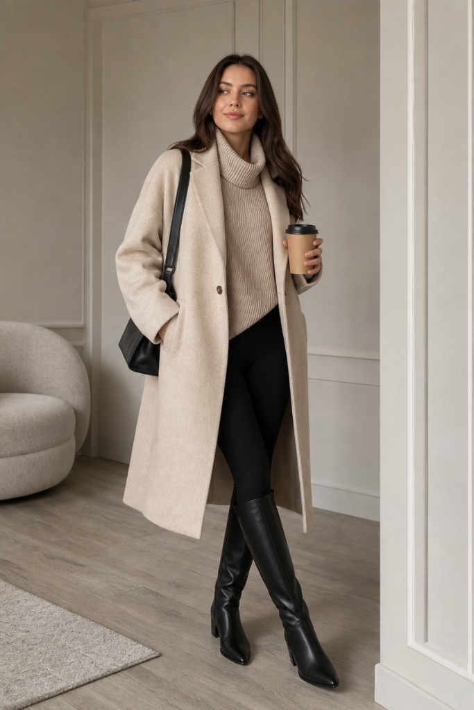 Fall Outfit Ideas with Leggings and Boots 2026 Camel Wool Coat With Coffee-In-Hand Polish