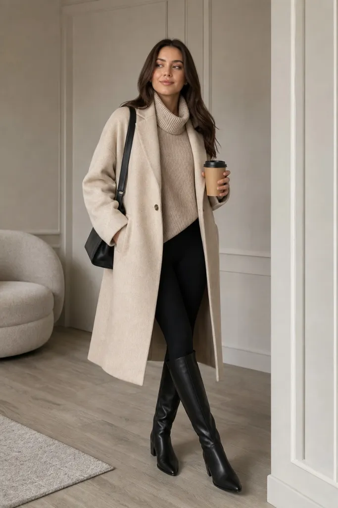 Fall Outfit Ideas with Leggings and Boots 2026 Camel Wool Coat With Coffee-In-Hand Polish