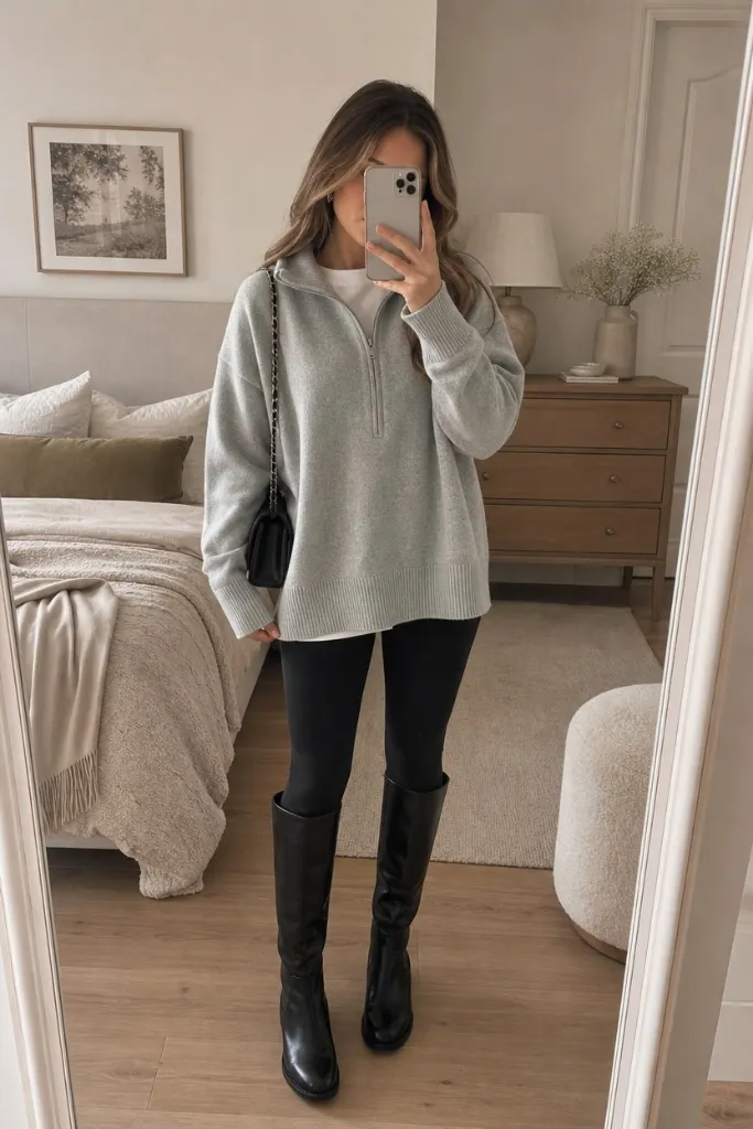 Fall Outfit Ideas with Leggings and Boots 2026 Grey Half-Zip Sweater For Easy Weekday Style