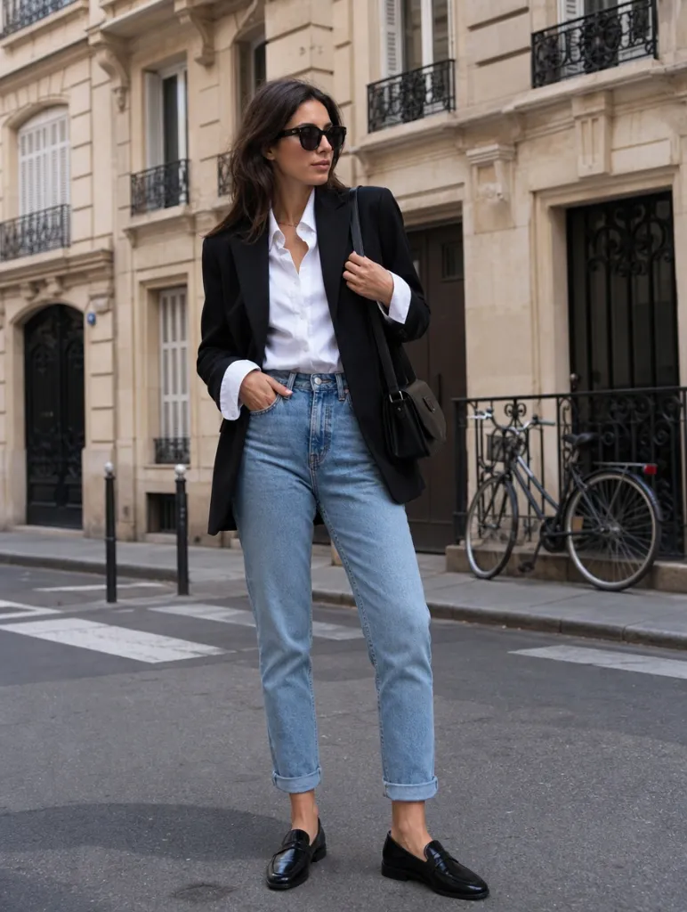 Fall Office Outfit Ideas for Women 2026 Black Blazer Over a White Shirt With Light Mom Jeans