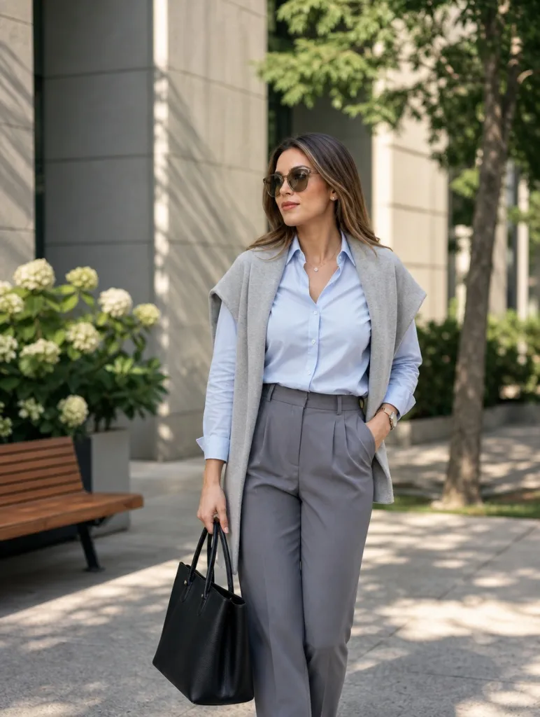 Fall Outfits with Blues for Work 2026 Powder Blue Shirt Under Grey Vest With Polished Ease