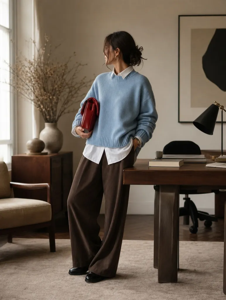 Fall Outfits with Blues for Work 2026 Sky Blue Sweater Over White Shirt With Cozy Layered Warmth